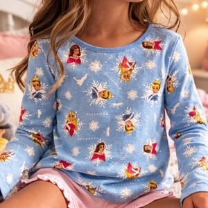 Disney Girls Princess Pajama Shirt Long Sleeve Aurora Belle Cinderella Blue Sz 4